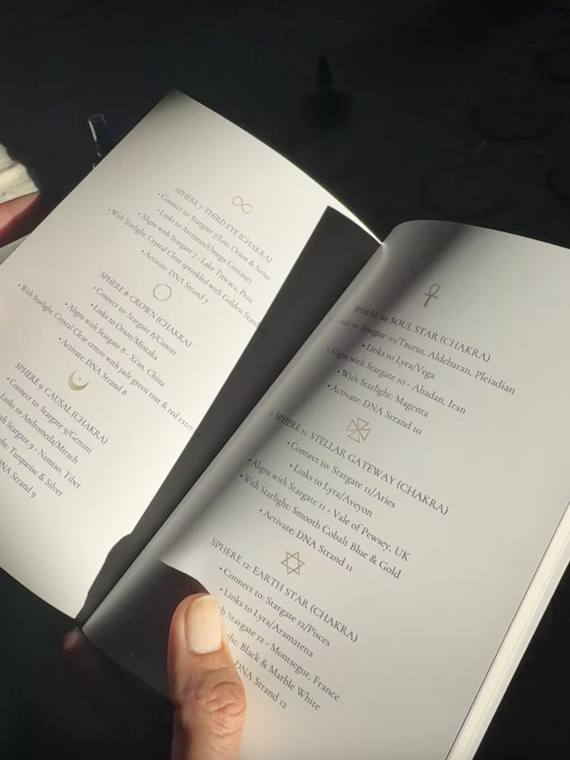 Open book with text about different chakra spheres and their connections, symbols, and attributes.