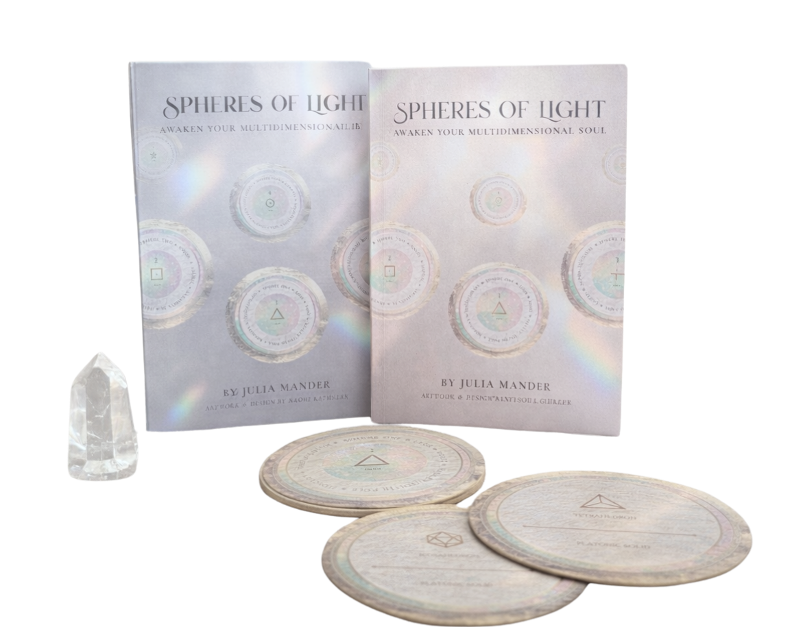 Two books titled "Spheres of Light" by Julia Mander, three circular cards with symbols and text, and a clear quartz crystal.