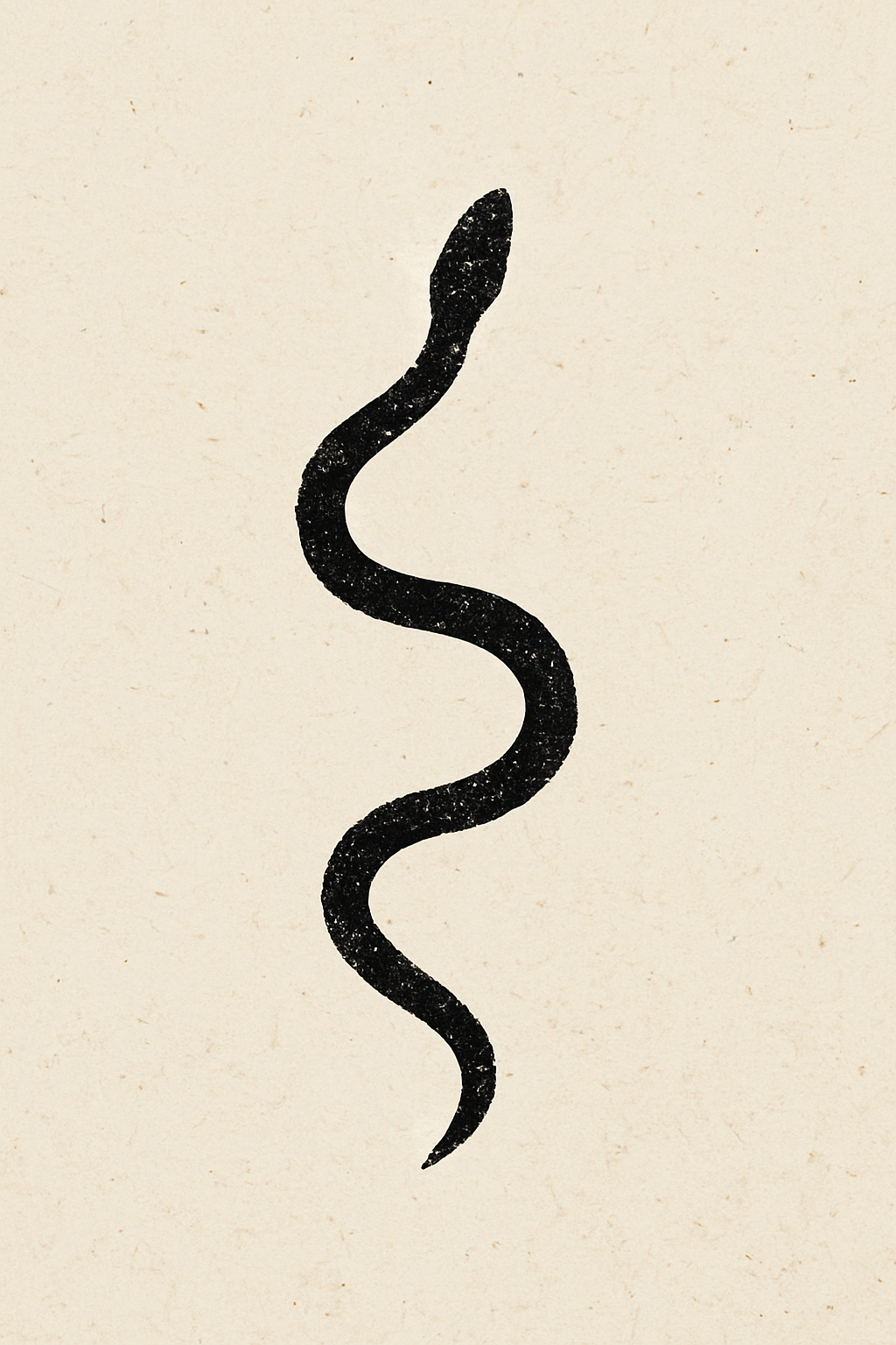 A simple black S-shaped line resembling a snake on a plain, textured beige background.