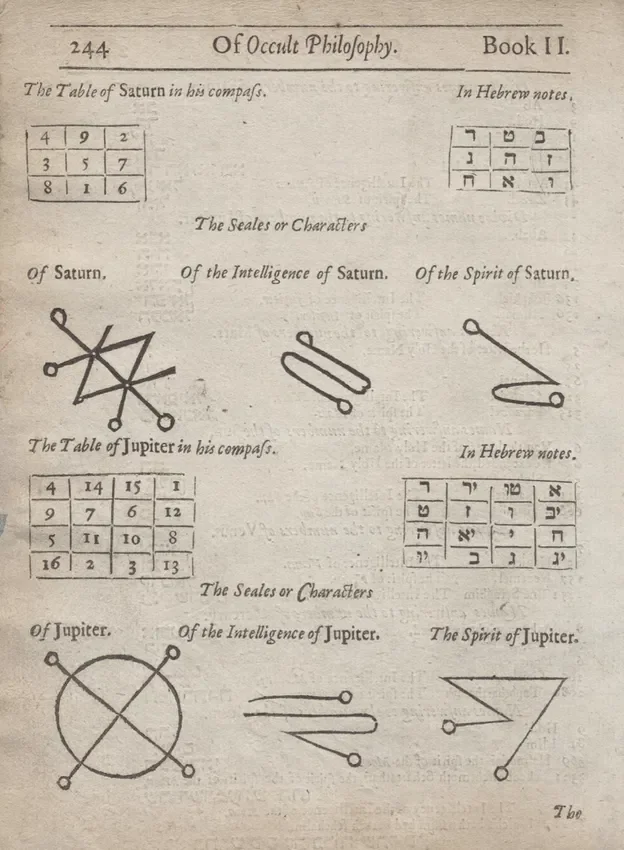 Page from a book titled 'Of Occult Philosophy', showing tables of numbers, Hebrew notes, and mystical symbols representing planets Saturn and Jupiter, with descriptions of their qualities.