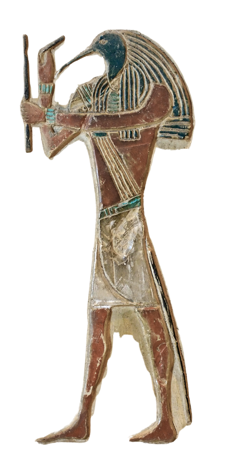 Ancient Egyptian painted wooden statue of a man with a bird head, holding a staff and an arrow.