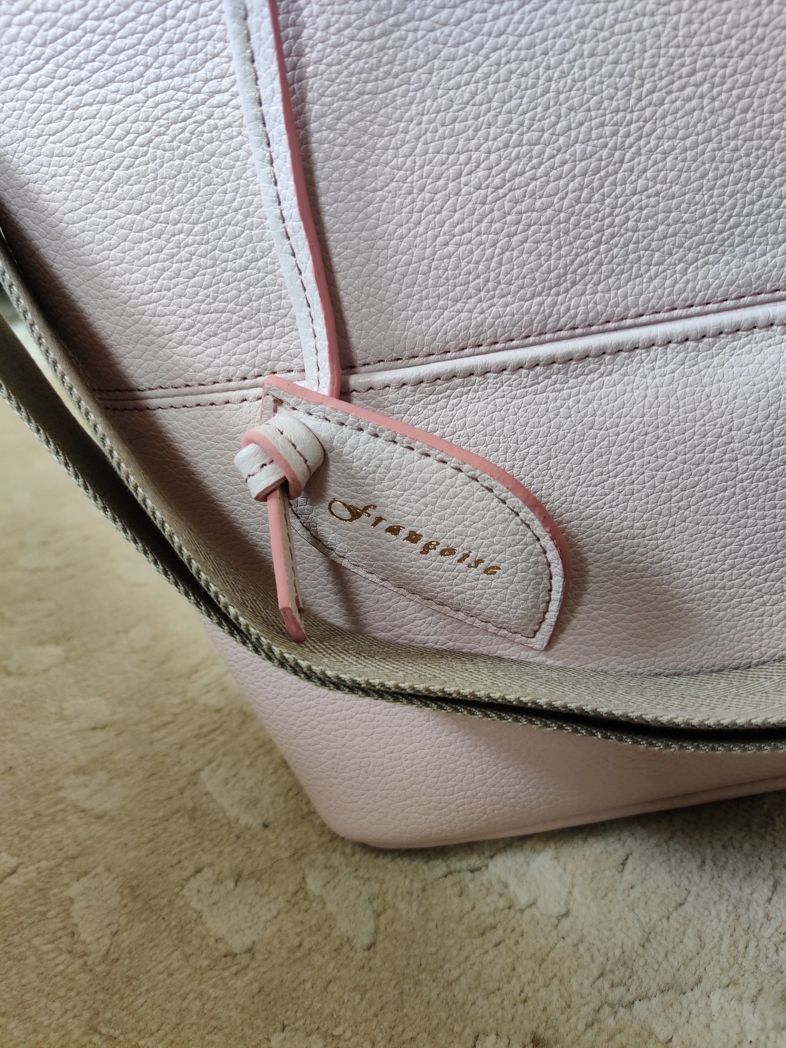 Close-up of a pink Francoise Choco Late leather handbag with a tag that says 'Francoise'. 