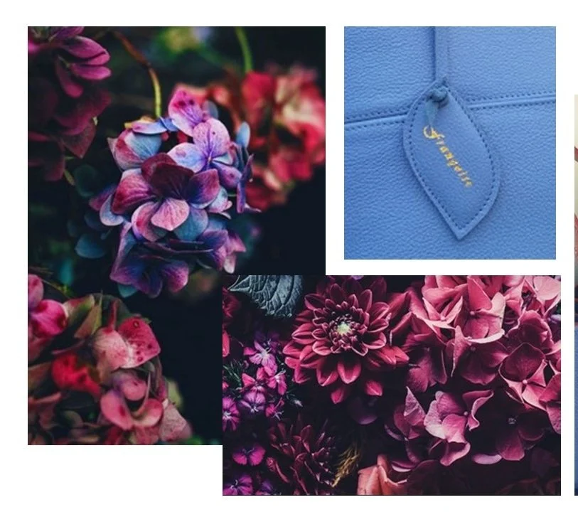 A collage of flowers, a close-up of purple and pink hydrangeas, a blue purse with a leather tag, and dark pink dahlias.