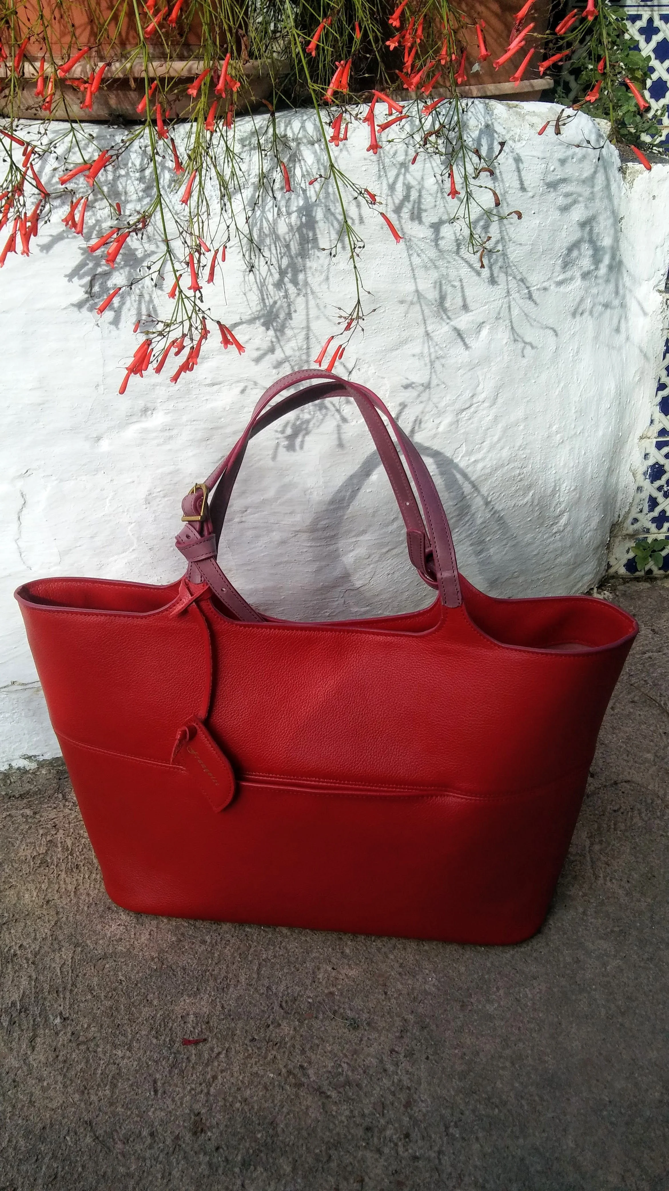 A red Françoise Fondant leather handbag with purple handles resting against a white painted wall with trailing red flowers above.