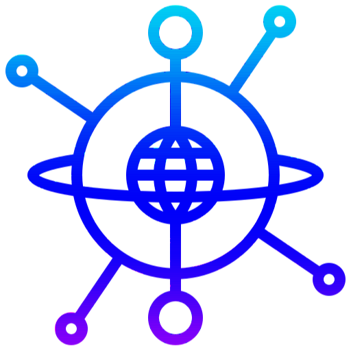 A digital icon representing global connectivity with a globe at the center, surrounded by interconnected nodes and orbiting rings, in a gradient blue and purple outline. Gyroscope