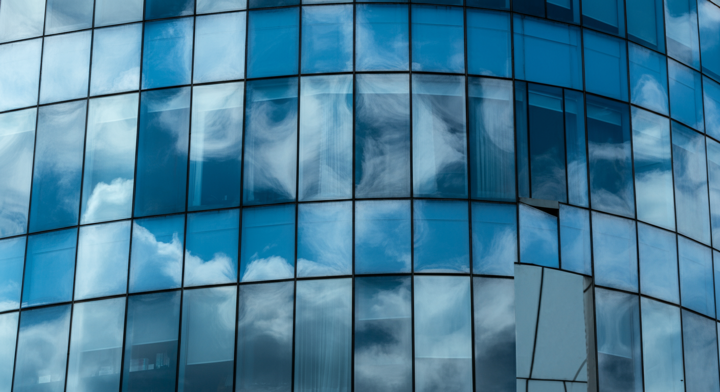 Close-up of a modern glass building reflecting the sky and clouds.