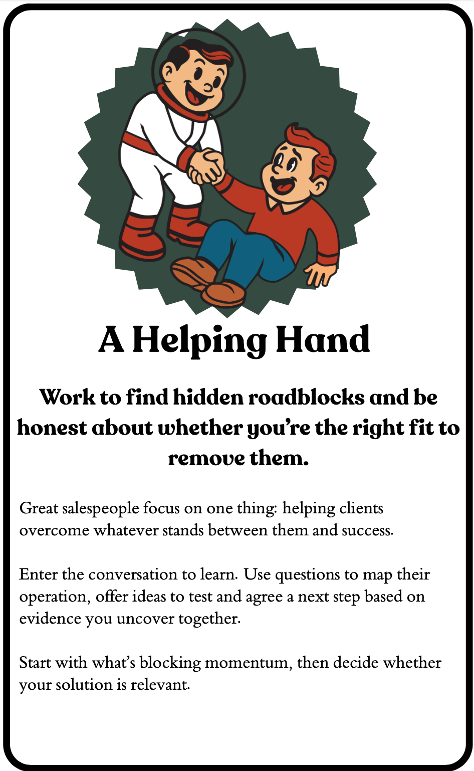 Cartoon astronaut shaking hands with another character, representing trust, honest communication, and collaborative problem-solving in sales conversations.