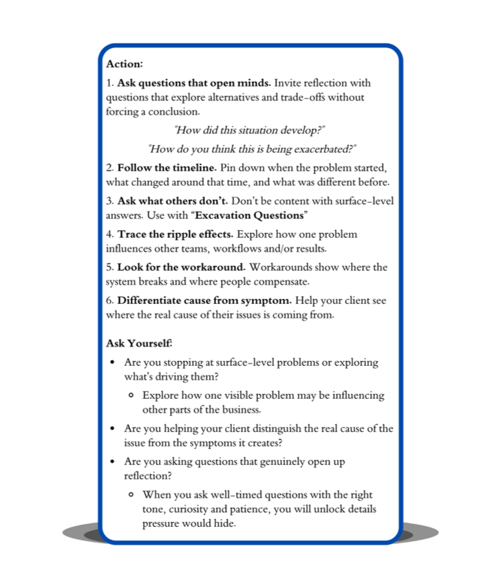 Guide to problem-solving questions, including identifying root causes, tracing impact, and separating symptoms from real issues to improve sales discovery conversations.