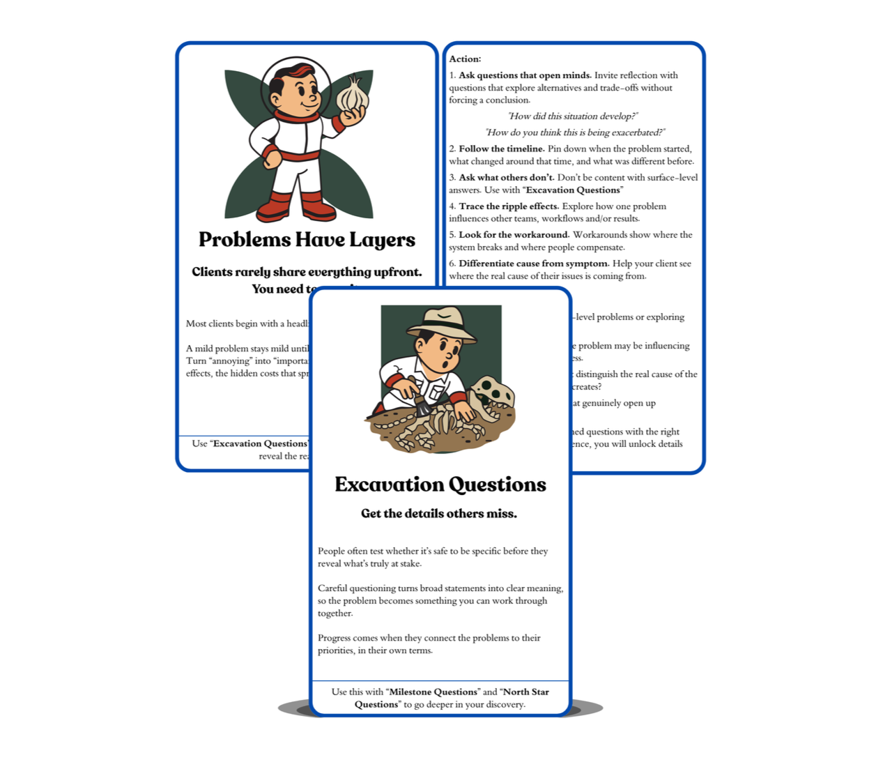 Saleshand cards demonstrating layered problem discovery and excavation questions, helping sales reps uncover deeper client challenges and hidden buying motivations.