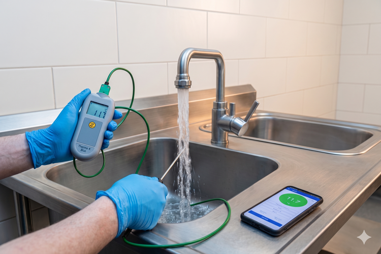 Engineer monitoring water temperature at an outlet
