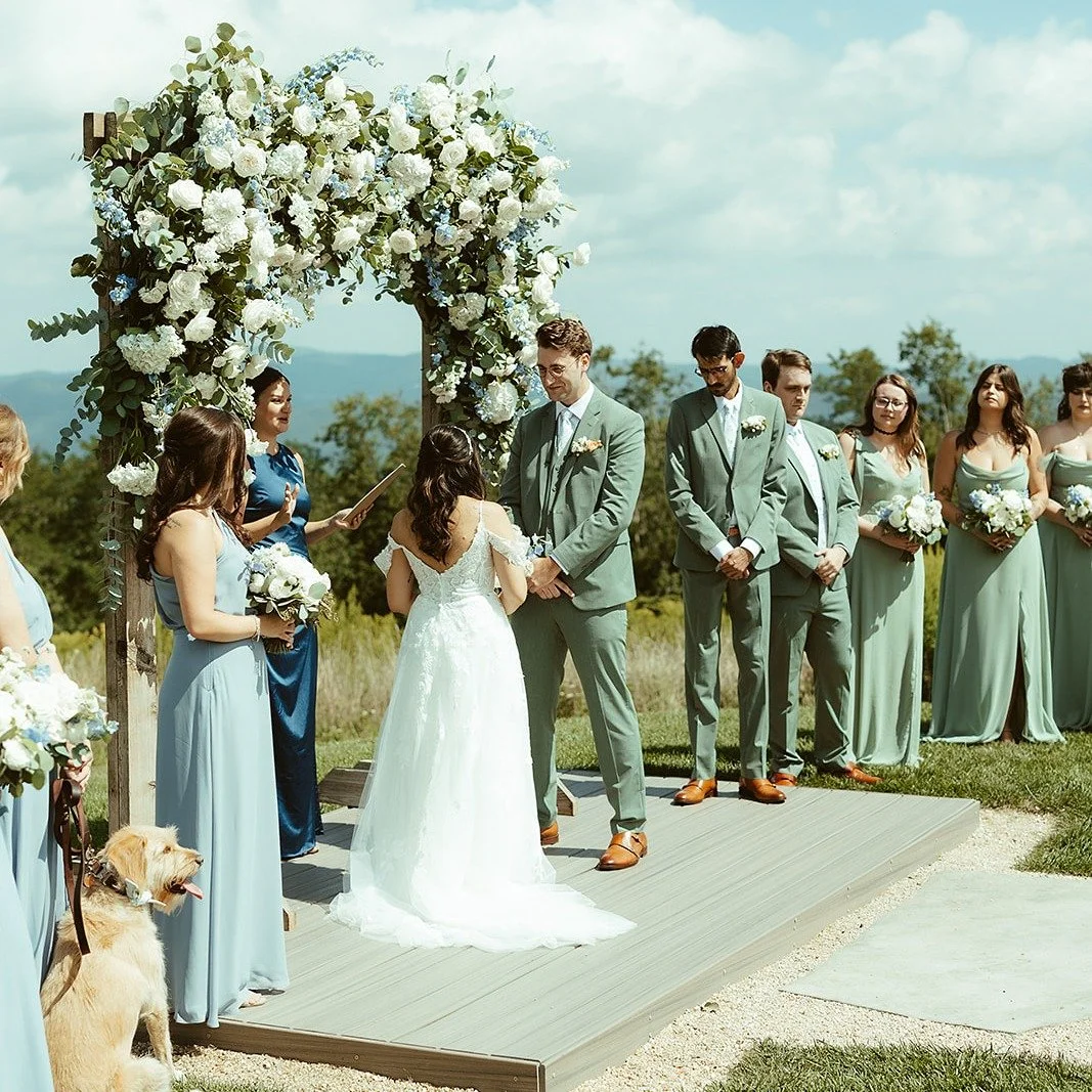 I enjoyed designing this arbor for Cailtin and Patrick's wedding at White Crow Barn. Lush hydrangeas, roses, stock, white majolica spray roses and delphinium as well as silver dollar eucalyptus and eucalyptus from our garden.