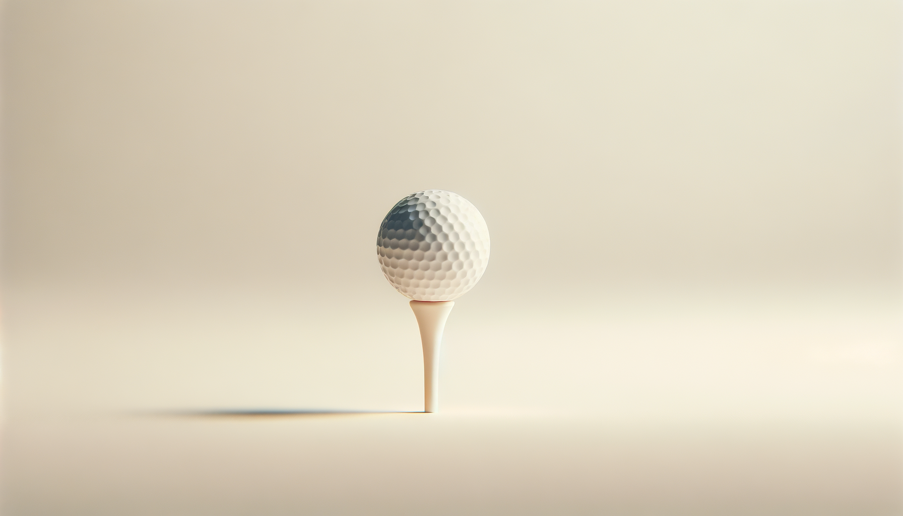 A close-up of a white golf ball on a tall, slender tee against a plain, light-colored background.