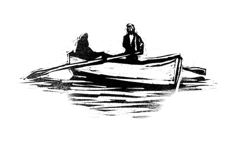 A black and white illustration of a figure rowing a boat