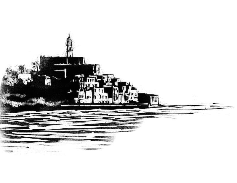 A black and white illustration of the port of Jaffa