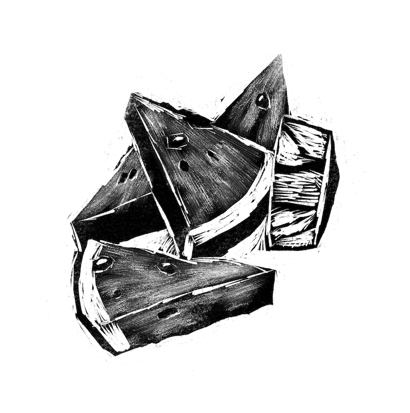 A black and white illustration of watermelon slices