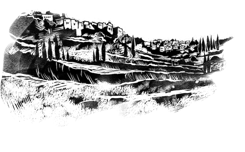 A black and white illustration of the city of Battir