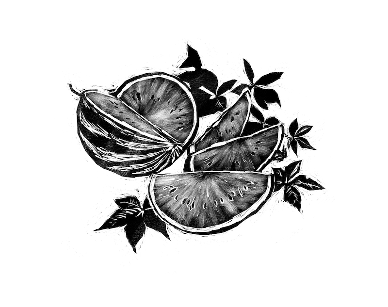 A black and white illustration of watermelons