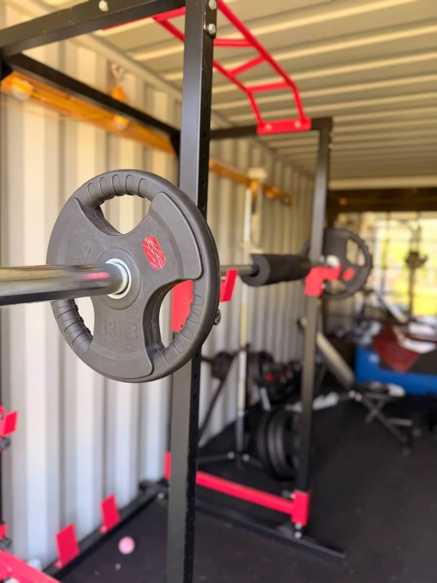 The on-site gym, free weights and all.