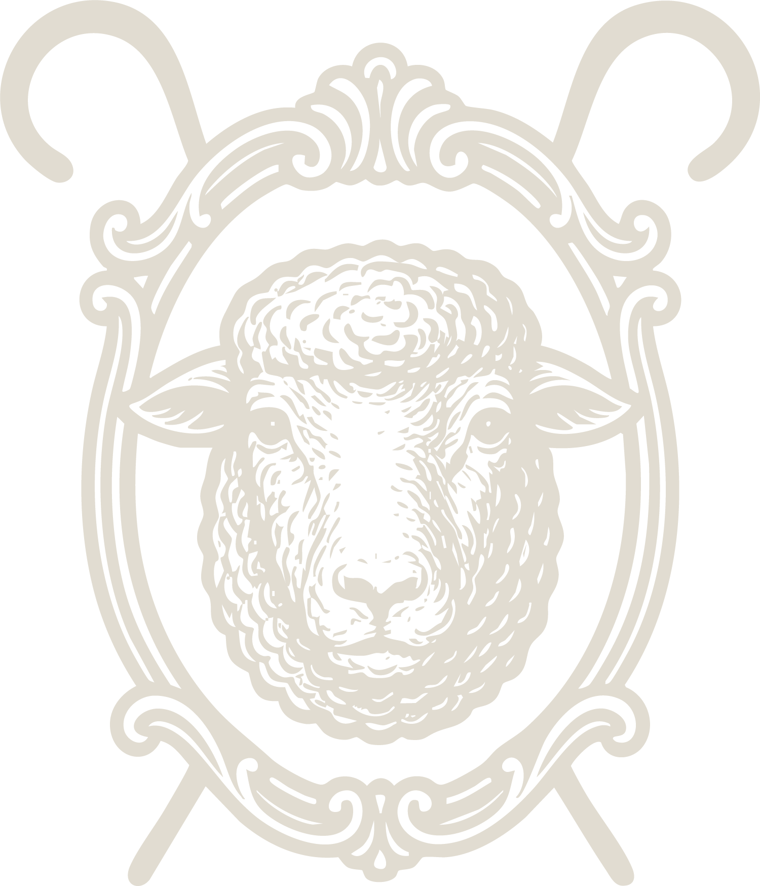 Illustration of a sheep's face within an ornate frame with two curved lines behind it.