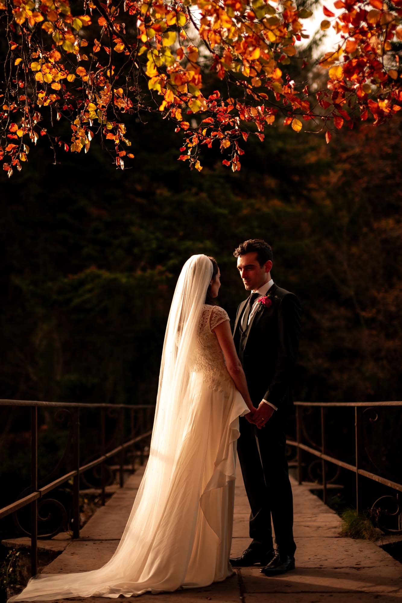 A beautifully lit, gorgeous autumn light portrait of the bride and groom by Annie Kheffache
