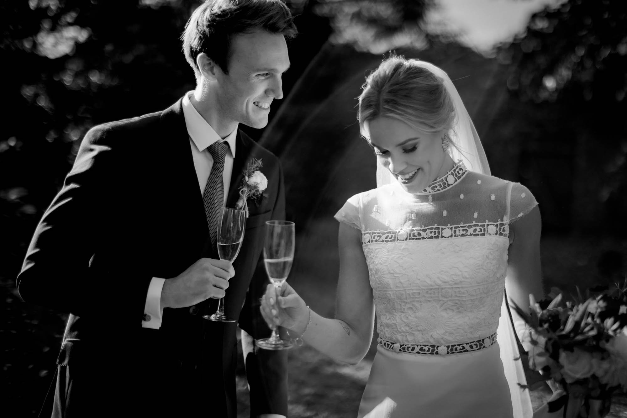 A beautifully lit natural black and white portrait of the bride and groom at CloughJordan House