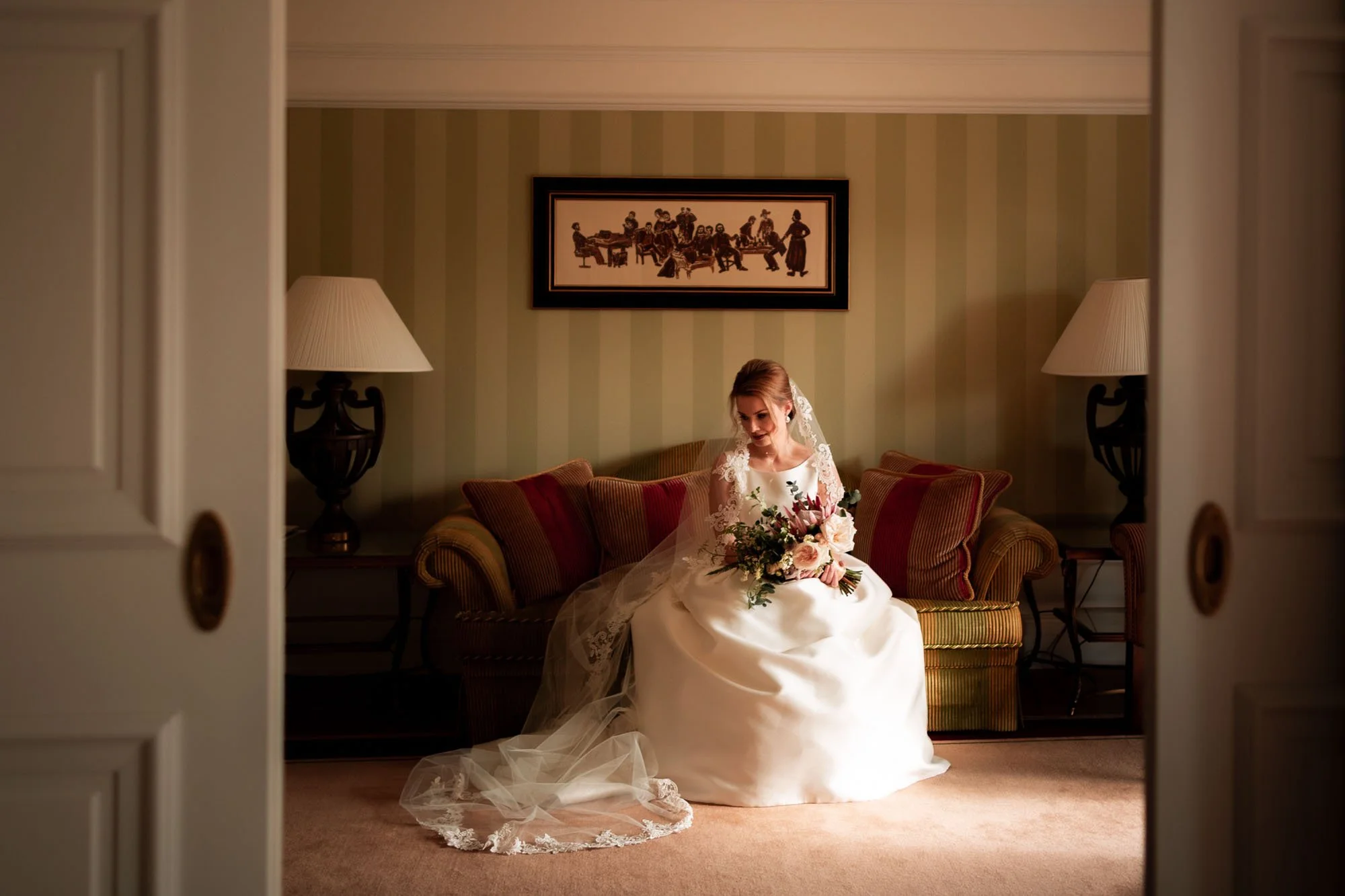 A classic beautifully lit portrait of the bride at Powerscourt Hotel