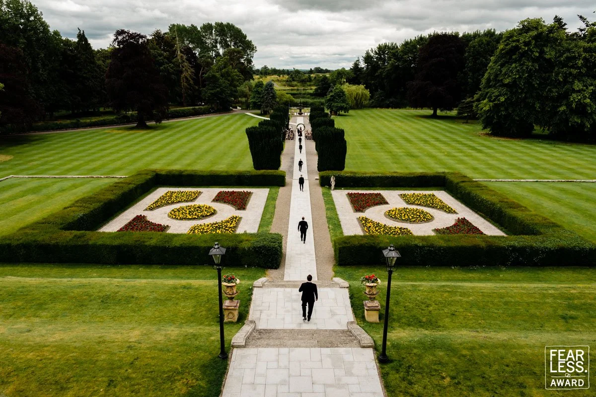 View of the bride from the bridal suite at the K Club as her american groom arrives for the outdoor wedding ceremony at the K Club Ireland