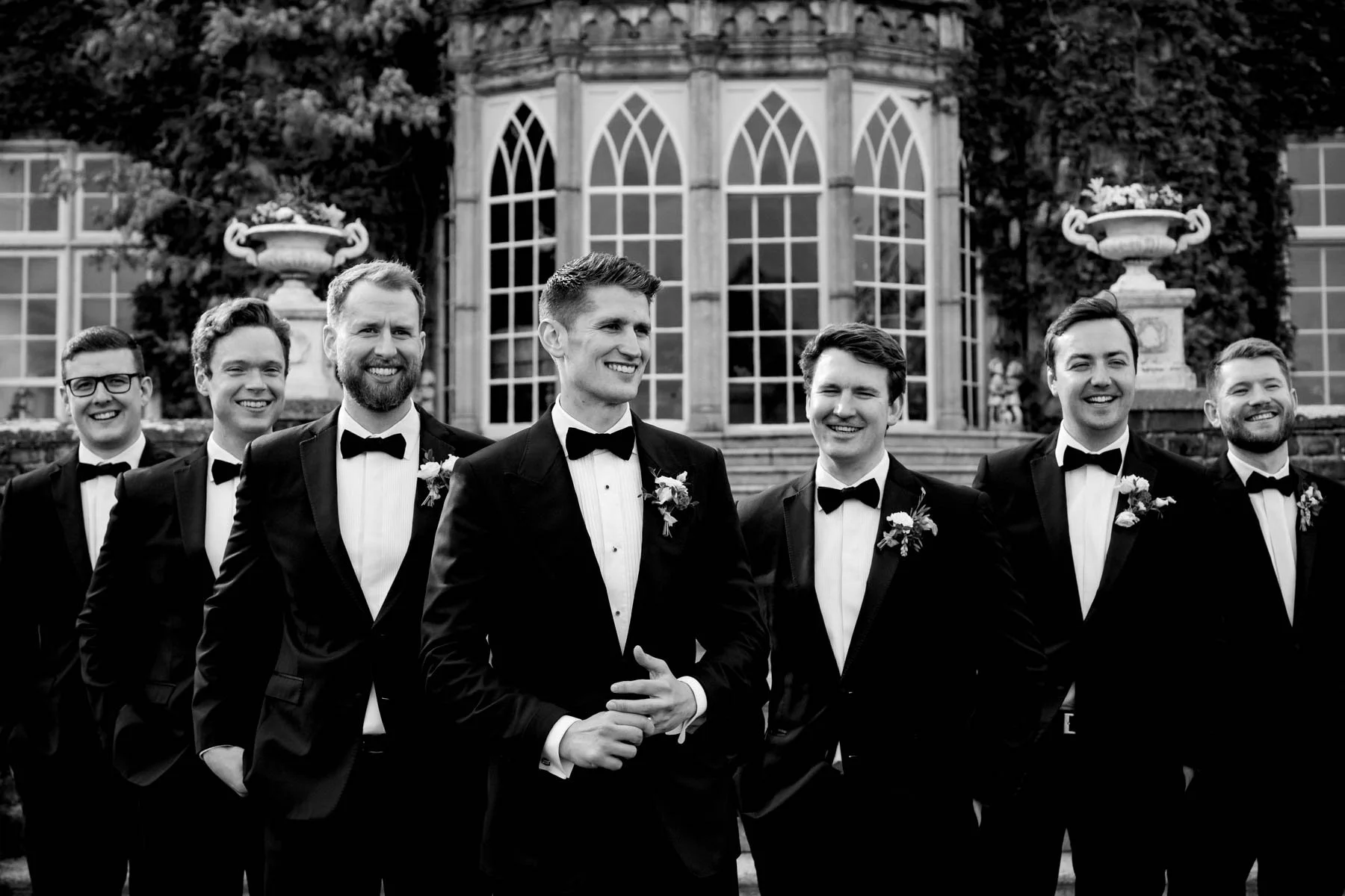 A cool casual natural looking portrait of the groom and groomsmen at Luttrellstown Castle