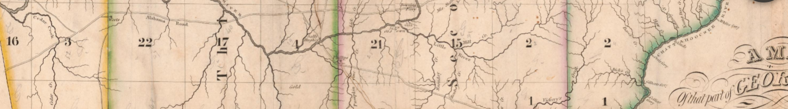 A vintage 1800S map showing parts of the Cherokee Nation lands of Alabama and Georgia with color-coded regions, state borders, and rivers.