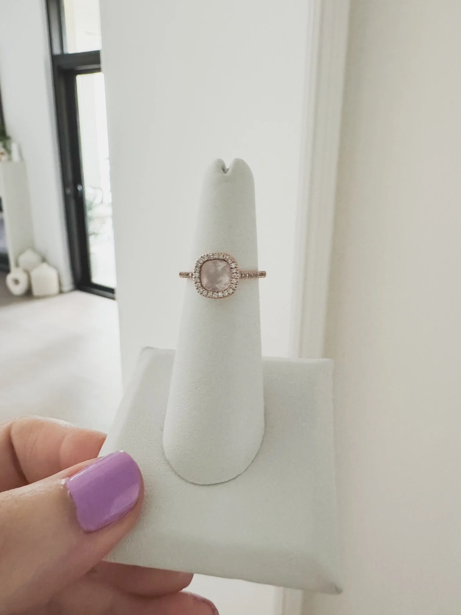14K Rose Gold Pink Quartz & Diamond Halo Ring