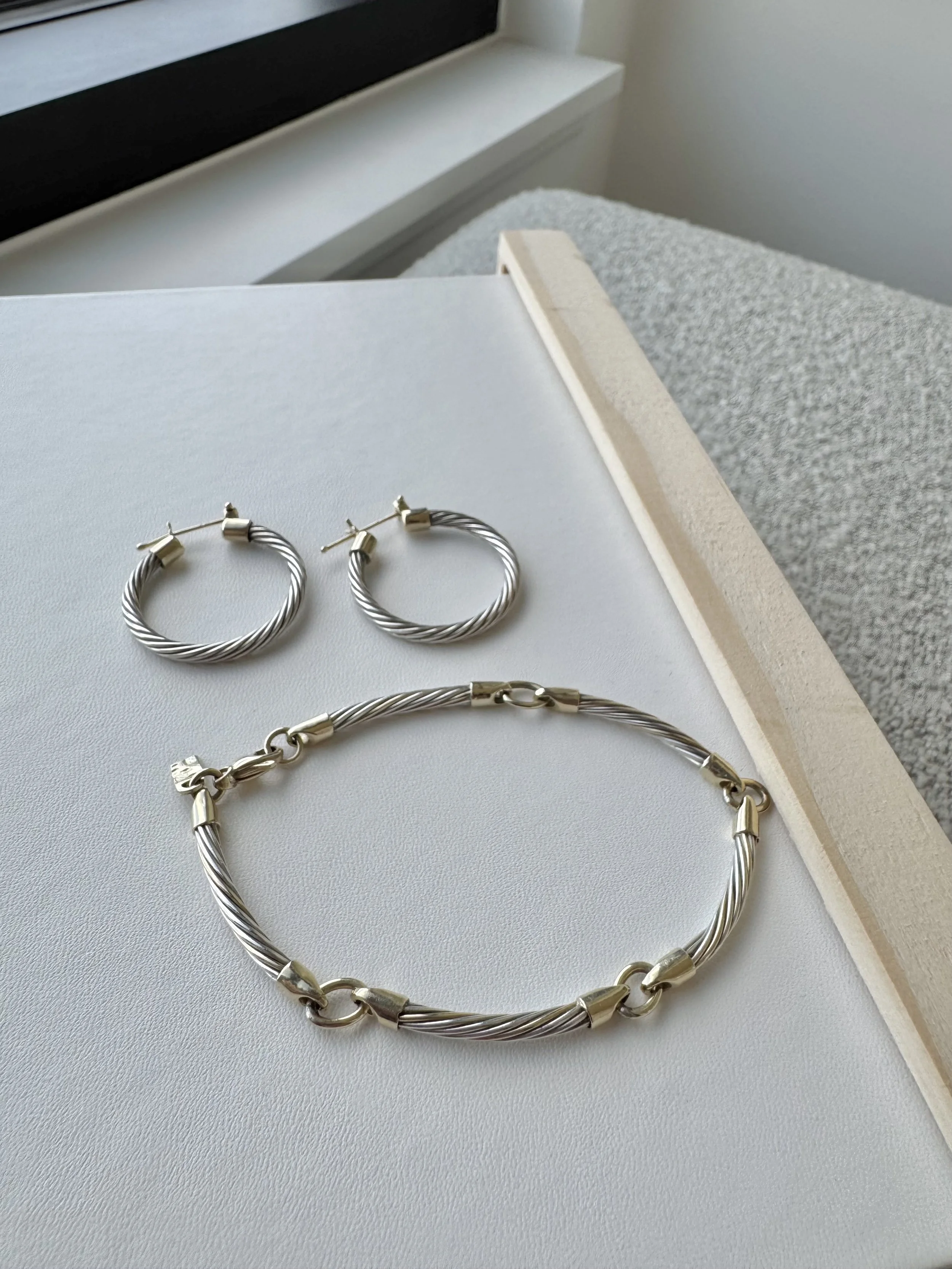 Vintage Two-Tone Cable Bracelet / 14K Yellow Gold and Sterling Silver Twisted Link Bracelet and Earrings