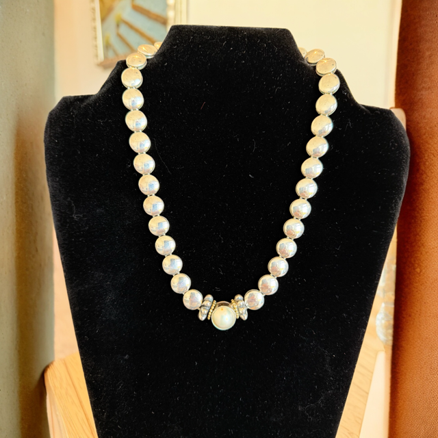 Lagos Caviar Vintage Necklace Two-Tone Sterling Silver  & Gold Dome Pearl Necklace