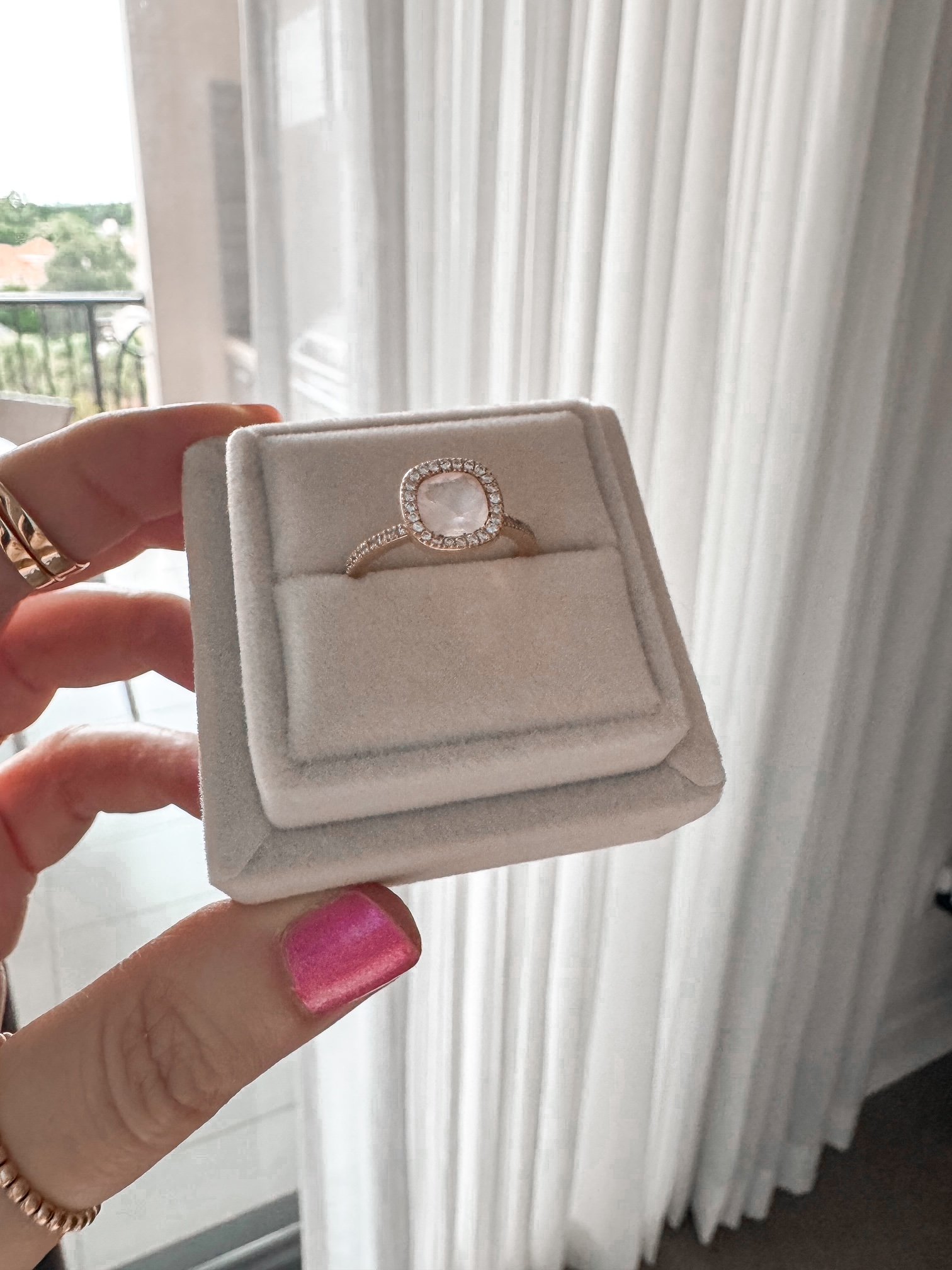 14K Rose Gold Pink Quartz & Diamond Halo Ring