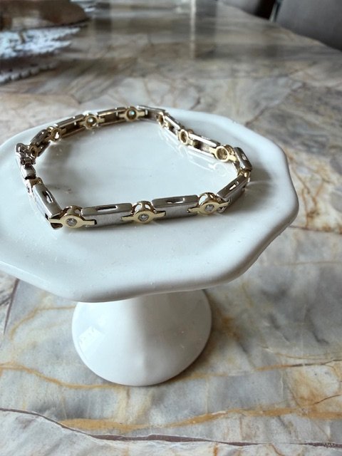 Vintage Diamond Two Tone Bracelet Sterling Silver 14K Gold/ Bezel Set Diamond Station Bracelet