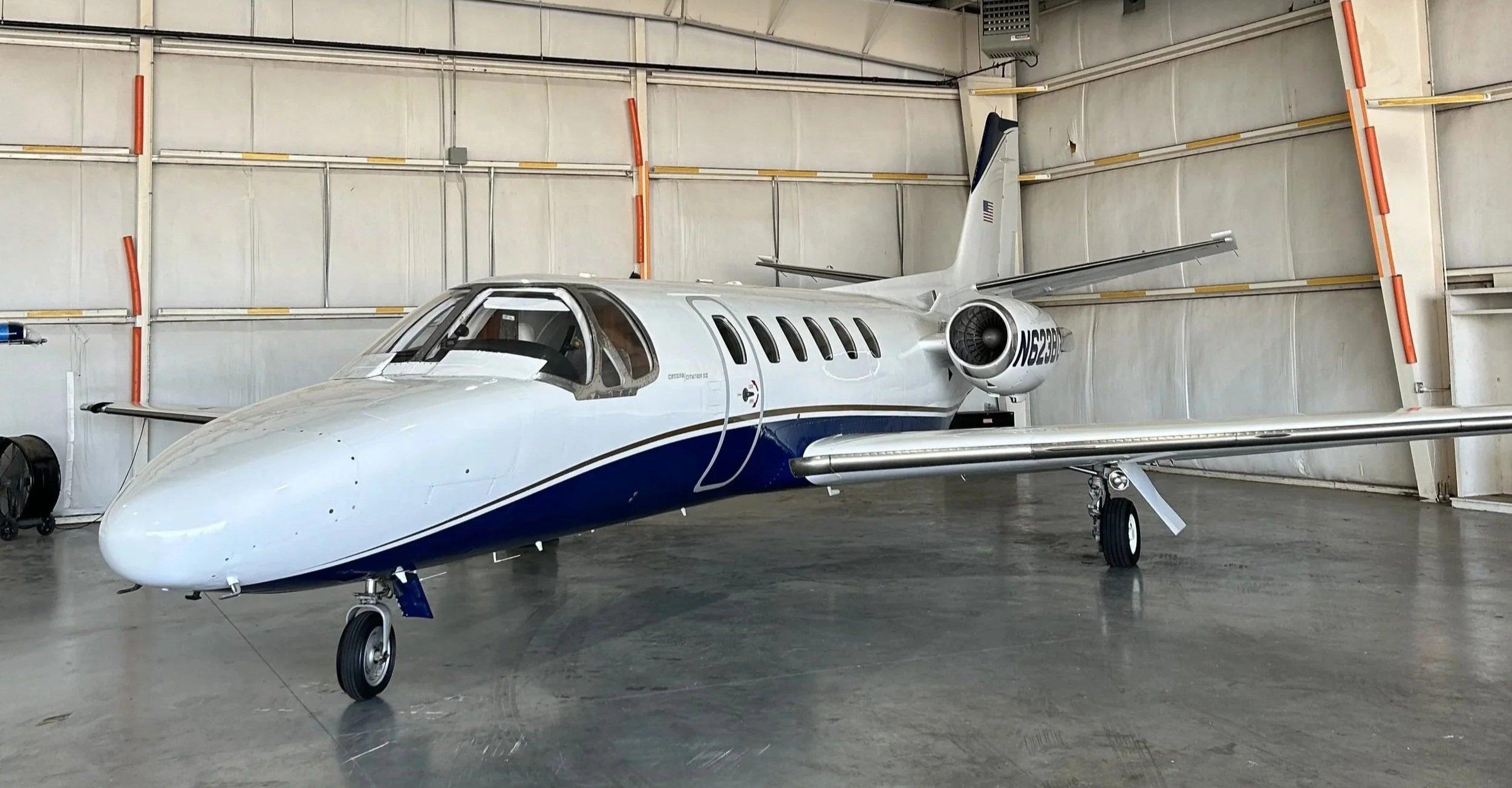 Cessna Citation SII in a hangar after being cleaned by Pure Aviation Detailing interior and exterior service at Springdale Airport ASG at Summit Aviation hangar in Springdale Arkansas
