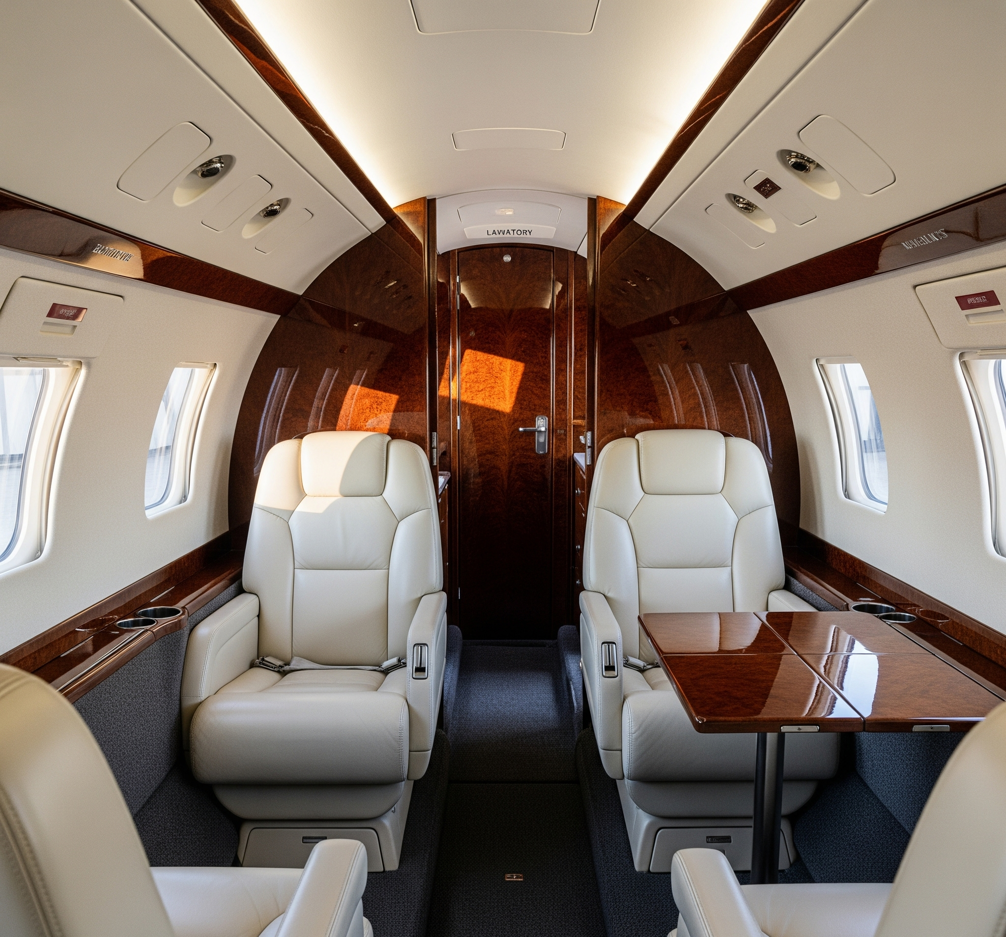 Private jet interior after being cleaned and detailed with a carpet shampoo and pet hair removal on incredible aircraft by Pure Aviation Detailing.