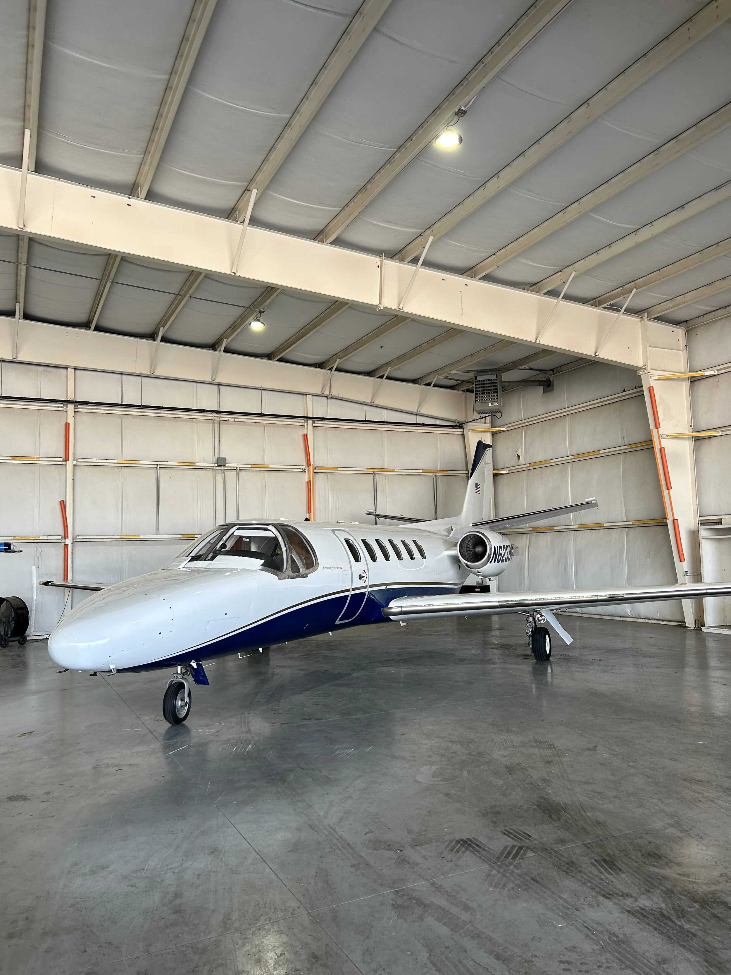Cessna Citation SII parked in a hangar after being detailed and the interior cleaned by Pure Aviation Detailing in FSM KFSM Fort Smith Arkansas.