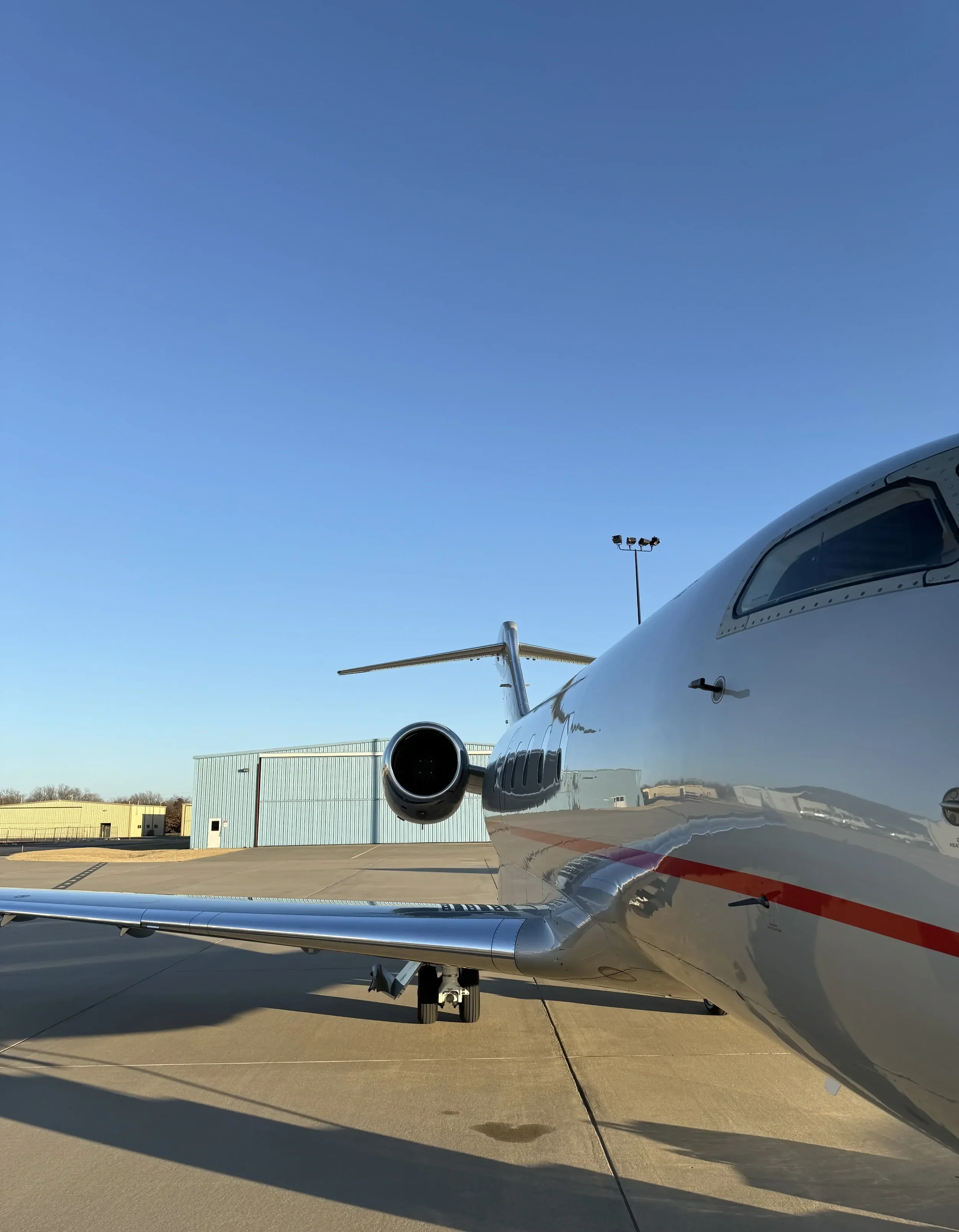 Private jet and aircraft that was washed and detailed on the exterior by Pure Aviation Detailing in Kansas City at MKCI Kansas City International Airport in Missouri