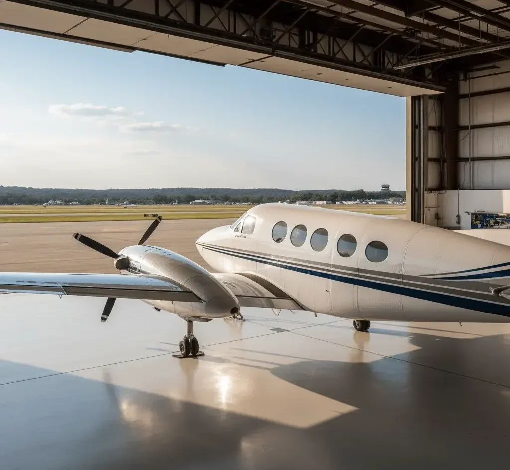 A clean King Air sitting in a hangar at Thaden Field (Bentonville Municipal Airport) VBT in Bentonville Arkansas after being detailed by Pure Aviation Detailing