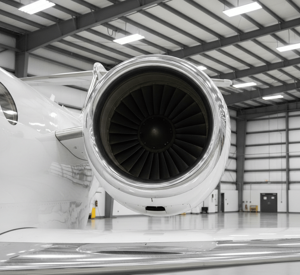Aircraft with brightwork polishing done inside a hangar at ASG Springdale Municipal in Springdale Arkansas with jet inlets and leading edges polished and detailed.