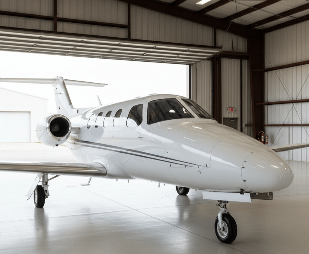 A Cessna Citation Mustang ceramic coated at ROG KROG in Rogers Arkansas at Rogers Executive Airport using System X's Boeing approved 10-year coating.