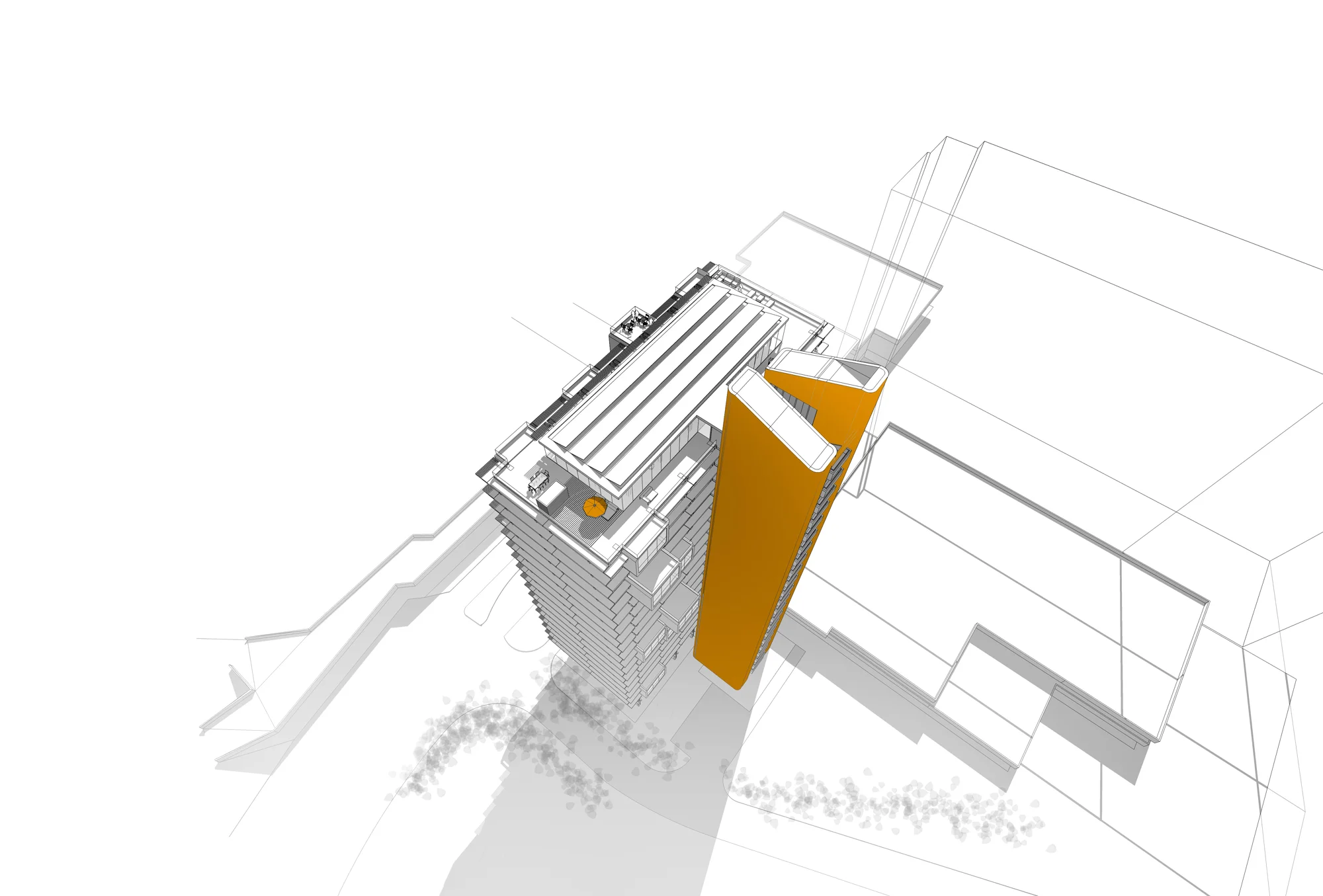 Vogelperspektive mit den 2 markanten Erschließungskernen
