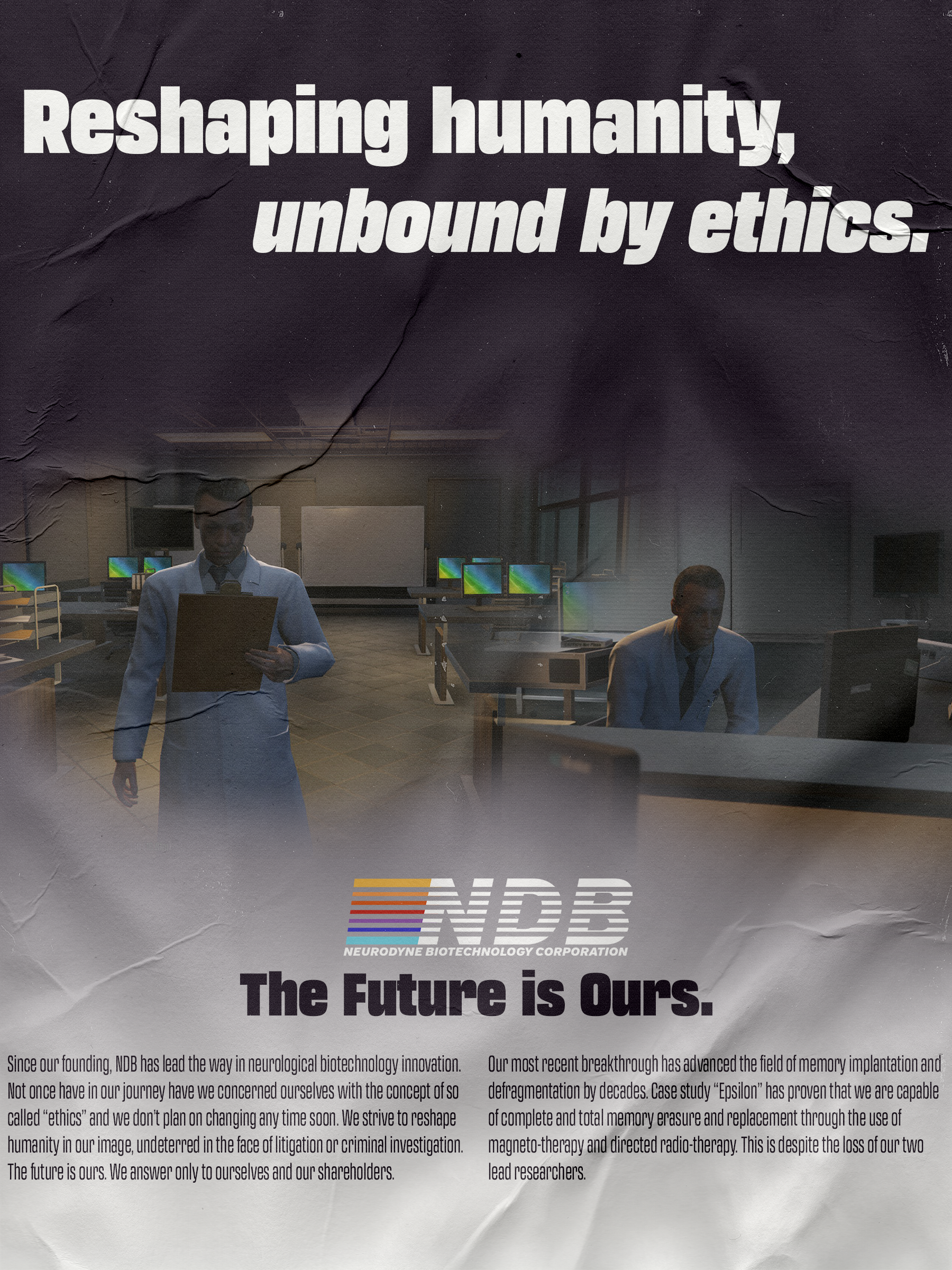 A secondary design for the in-game poster designed for use in a story driven FiveM server for a fictional biotechnology corporation.
