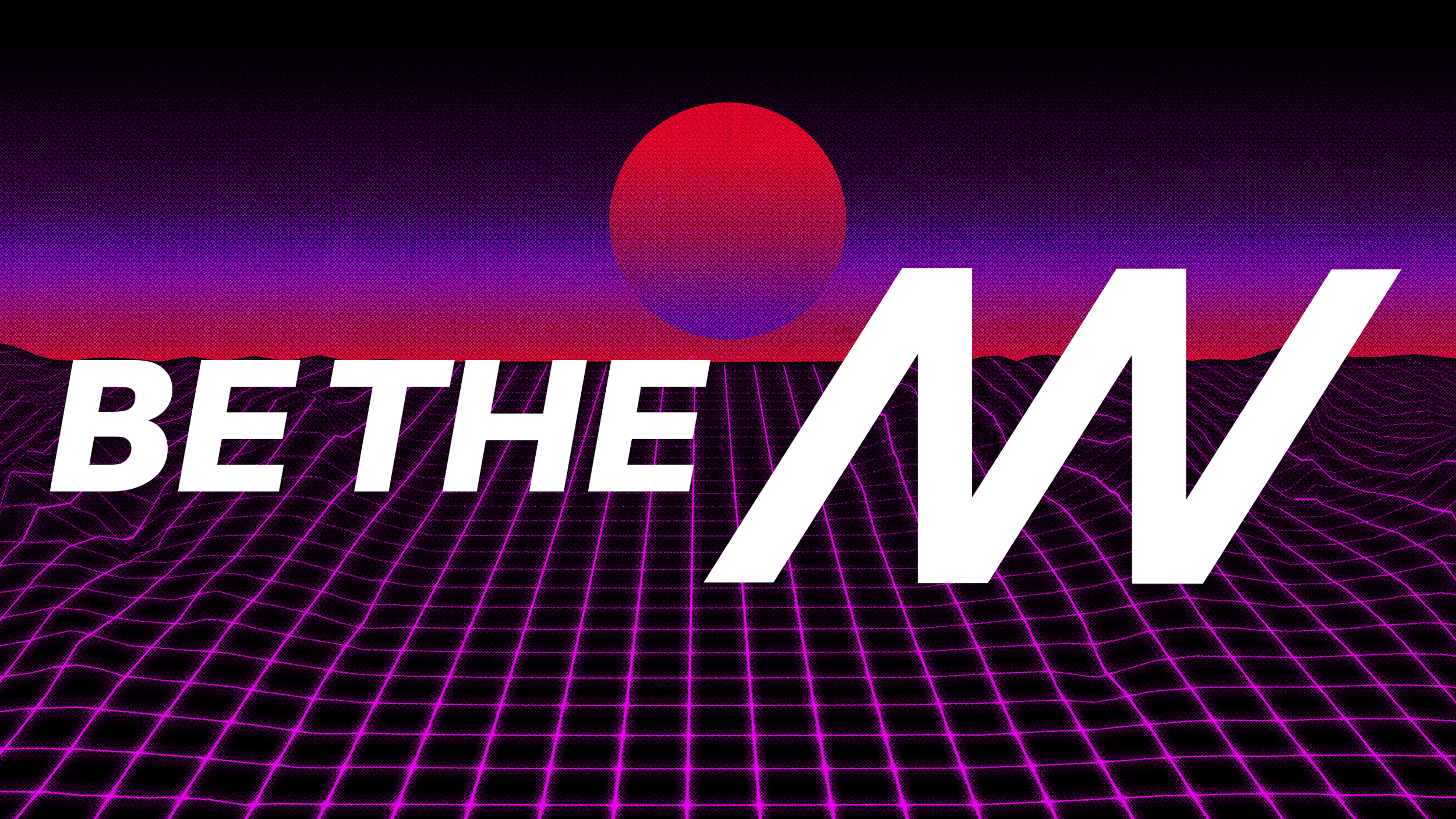 Digital art with a retro-futuristic landscape featuring a grid pattern on the ground, an orange sun or planet in the sky, overlaid with the white text 'BE THE ENVY'..