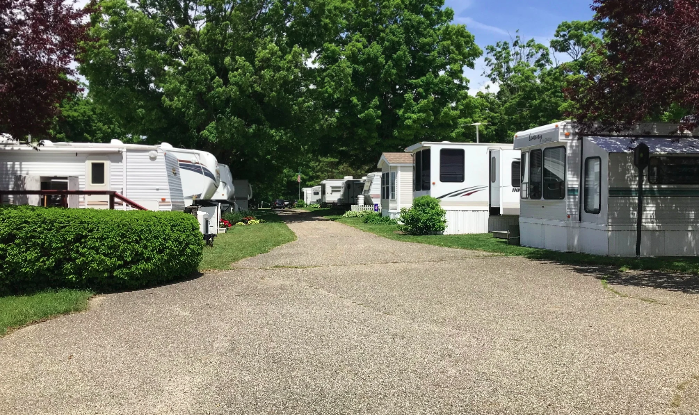 A campground with several recreational vehicles (RVs) parked along a gravel road, surrounded by green trees and bushes.