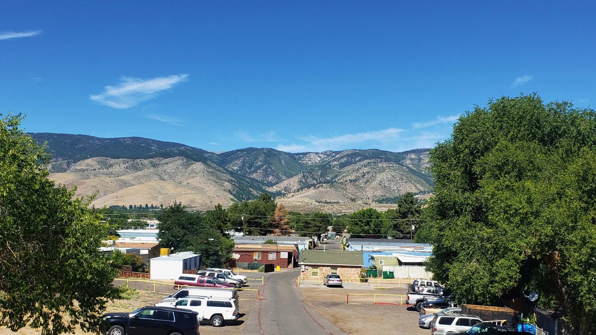 A small town street with parked cars on either side, large trees providing shade, and mountains in the background under a clear blue sky.