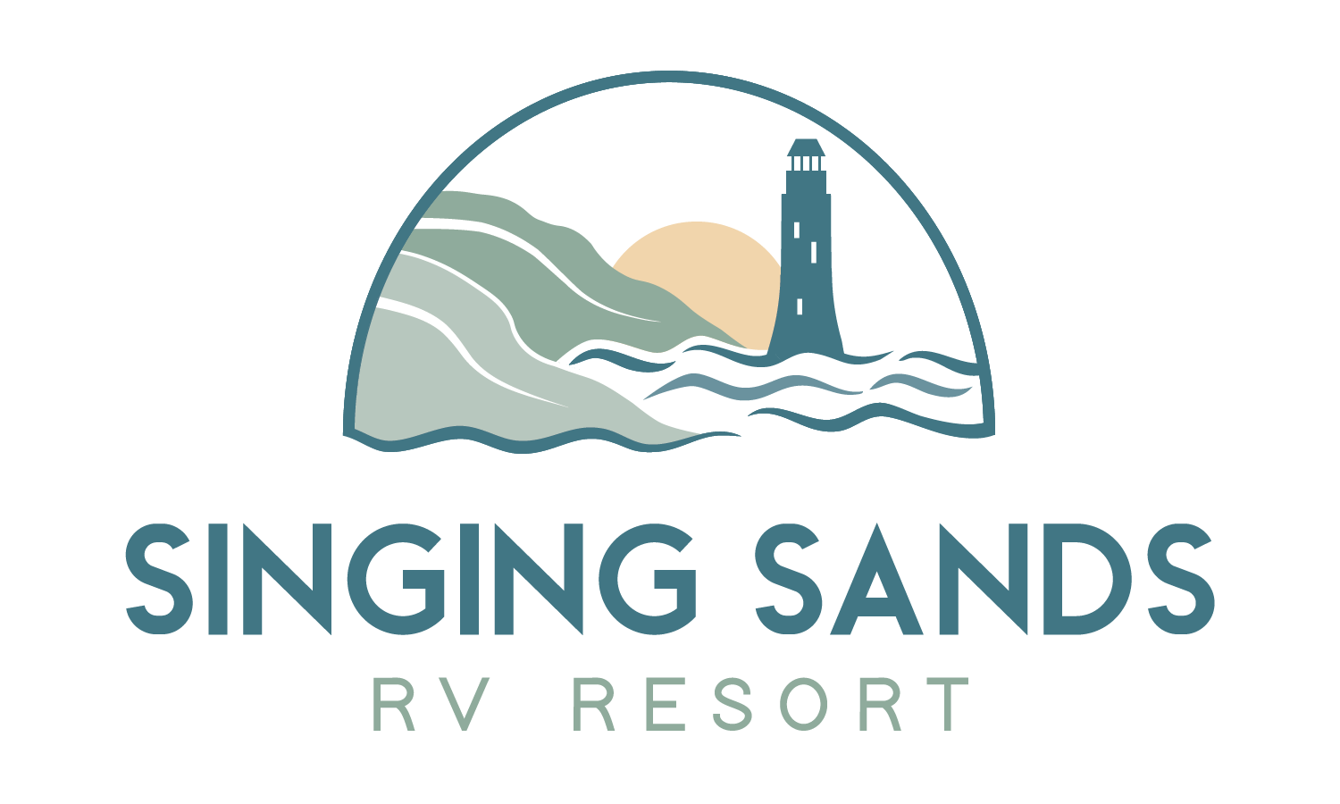 Logo of Singing Sands RV Resort featuring a lighthouse, waves, a sunset, and stylized sand dunes with the text "Singing Sands RV Resort" underneath.