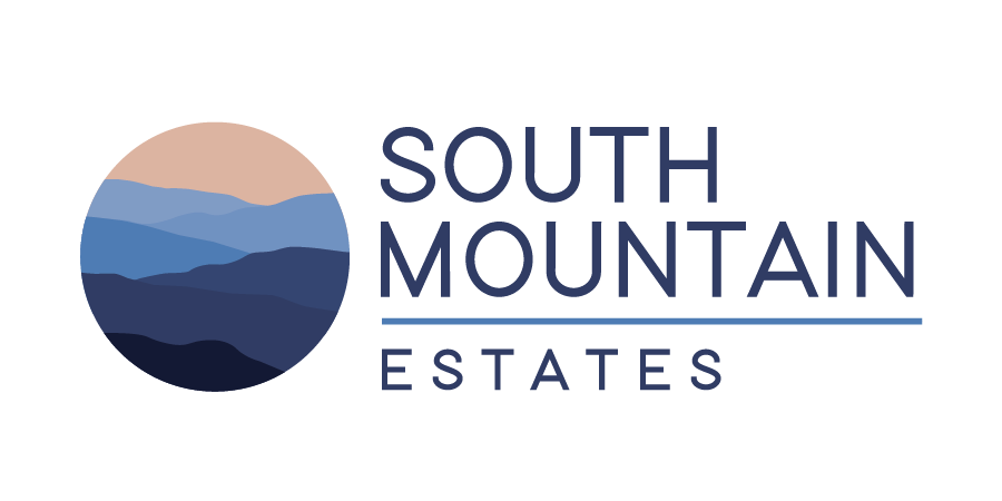 Logo for South Mountain Estates featuring a circular mountain range and the text 'South Mountain Estates' in blue.
