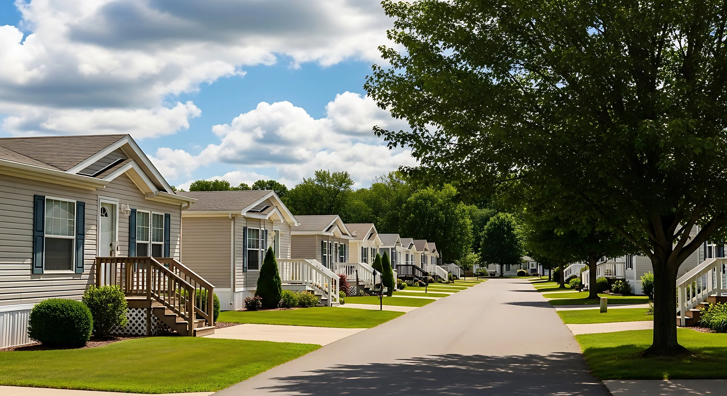 A suburban neighborhood with single-family homes, green lawns, trees, and a clear blue sky with clouds.