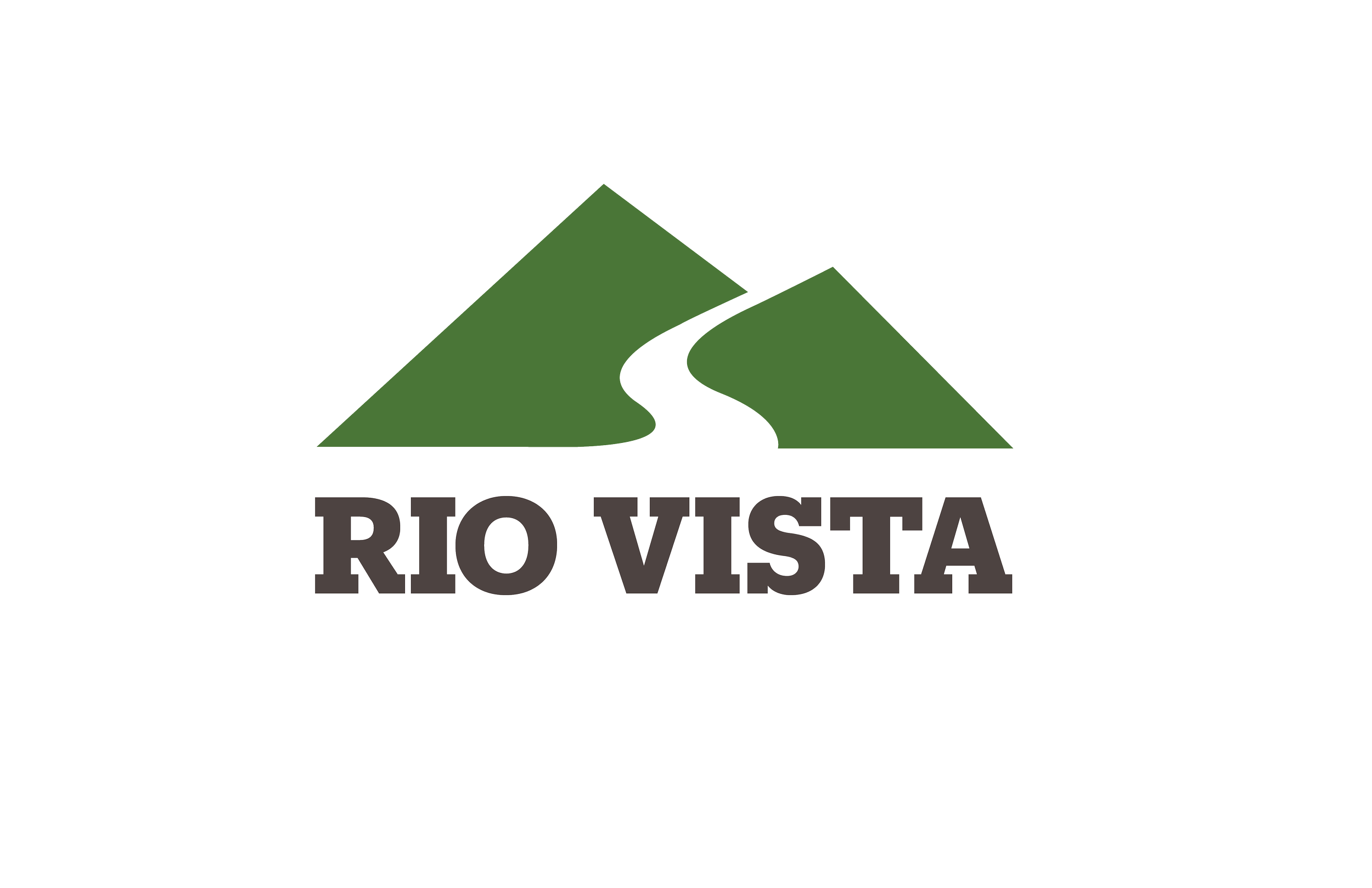Logo for Rio Vista featuring stylized green mountains, a black winding road, and the text 'RIO VISTA' underneath.